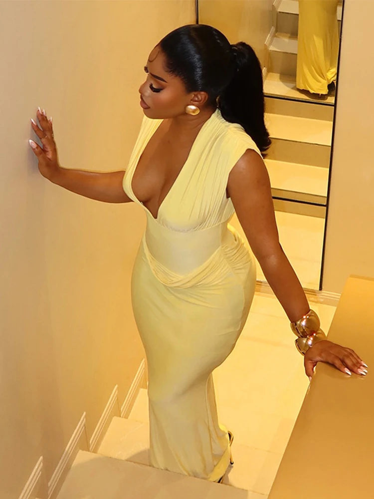 Robe Maxi Bodycon Jaune Froncée | Col V Sans Manches | Slim Longue | Soirée & Club | Femme