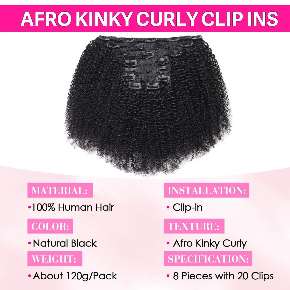 Extensions à Clips Afro Curly Kinky | 10-24 Pouces | 120g 8 Pièces | Cheveux Humains Remy | Volume Complet