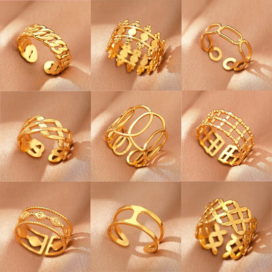 Stainless Steel Rings Vintage Exquisite Hollow Adjustable Open Statement Rings Light Luxury Fashion Rings For Women Jewelry New
