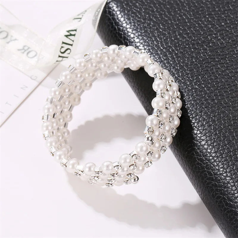 Elegant Multi-Layer Pearl Bracelet Adjustable Crystal Beaded Bangle for Women Wristband Bridal Jewelry Weddings Party Gifts