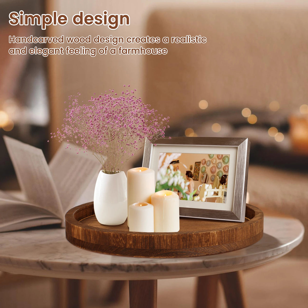 30 CM Round Wooden Tray Retro Decorative Coffee Meal Trays Serving Platter Multipurpose Candle Holder Trays for Table Home Decor