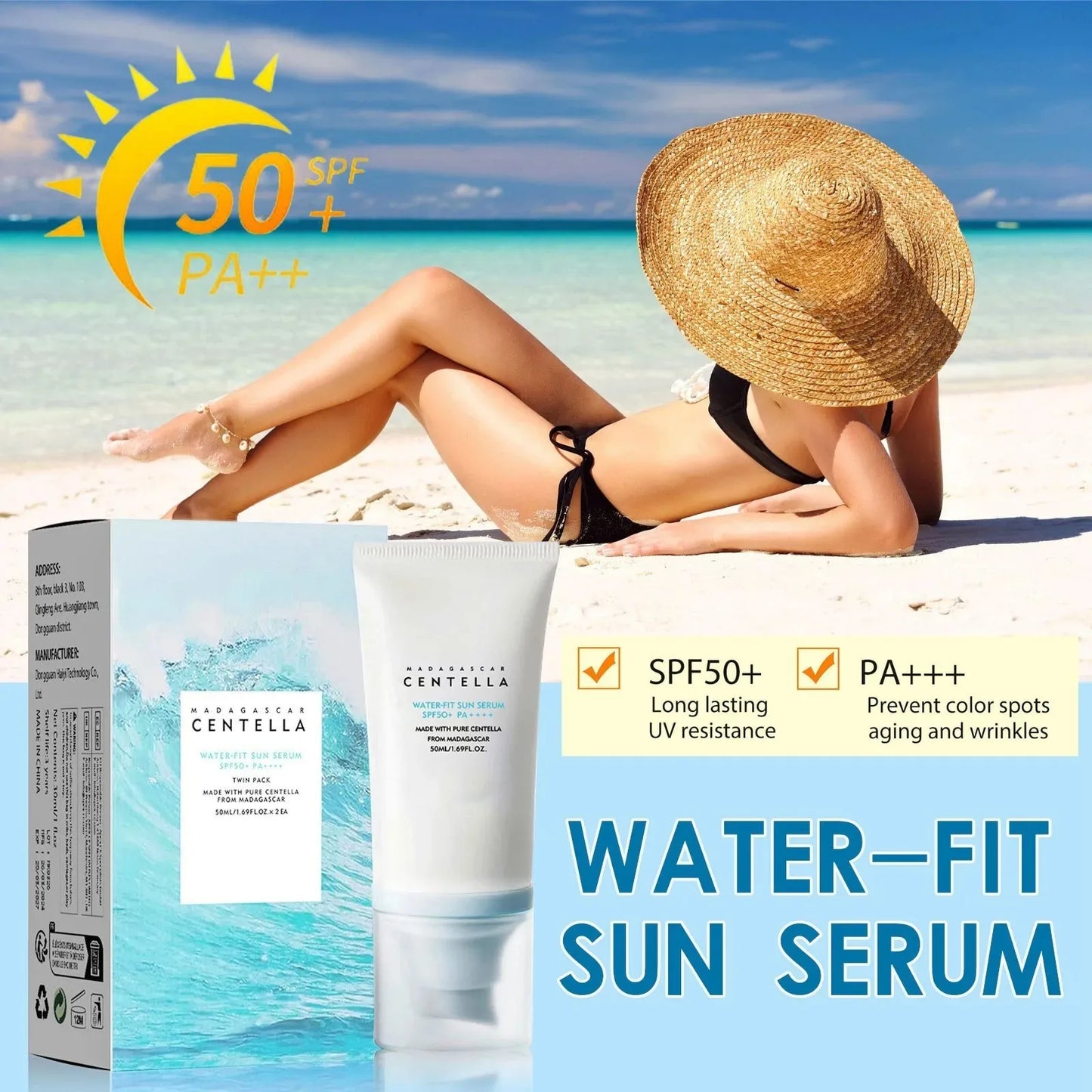 50+ Facial Sunscreen Centella Protector Solar Sunblock Skin Whitening Cream Moisturizing Protector Care Body Sunscreen