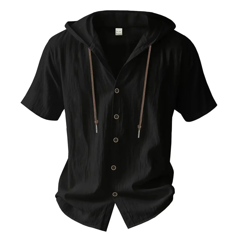 Men's Cotton Linen Hooded Short Sleeve Solid Color Breathable Lightweight Drawstring Design Shirts Casual Basic Tees