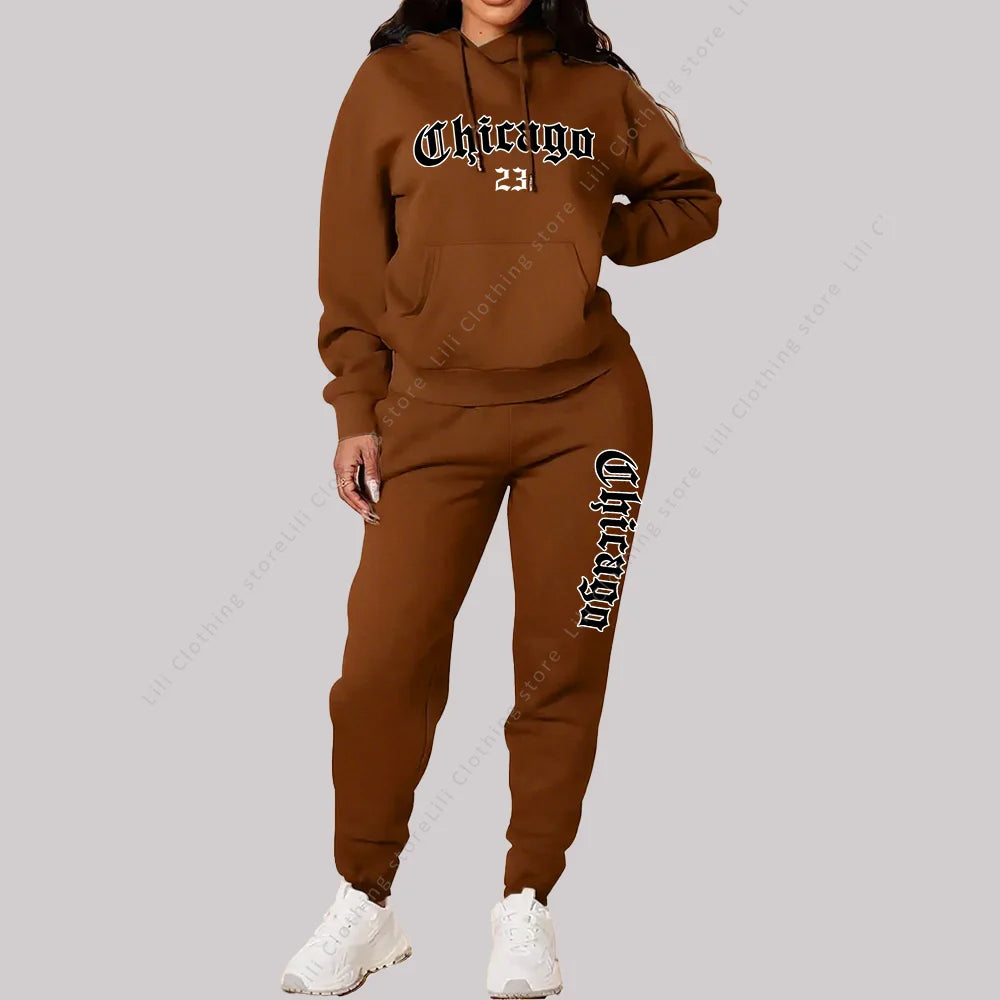 Jogging Femme 2 Pièces | Sweat Capuche & Pantalon | Imprimé Chicago Lettre | Grande Taille Rose