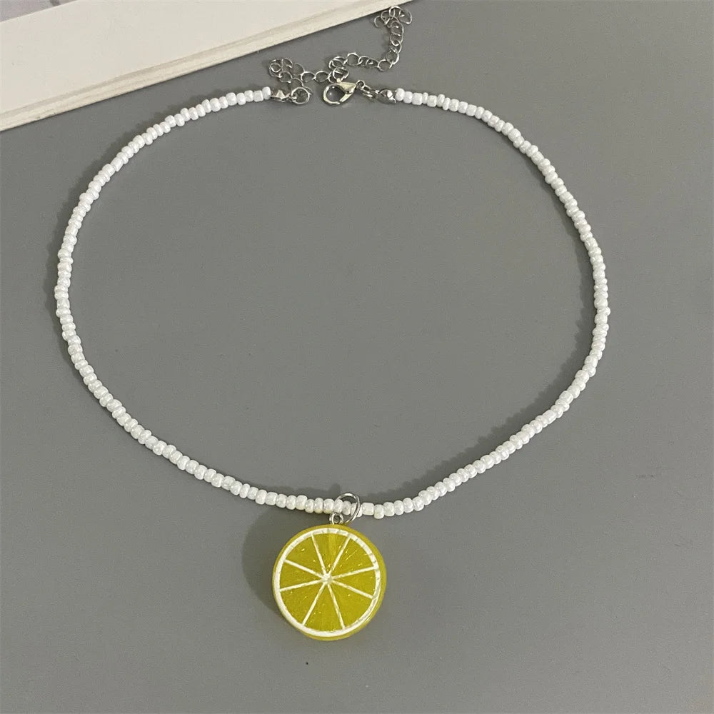 Collier Pendentif Fruits Fait Main | Perles Riz Bohème | Choker Pastèque Citron Fraise | Bijou Fille Femme