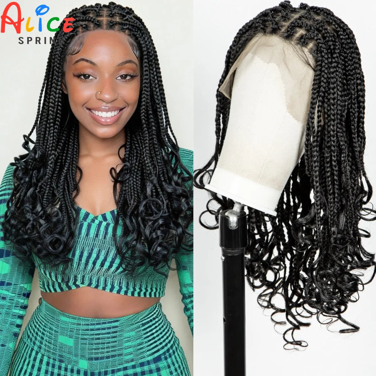 Perruque Tressée 360 Full Lace Synthétique | Knotless Box Braids | Baby Hair | Boho Boucles Extrémités | Femme