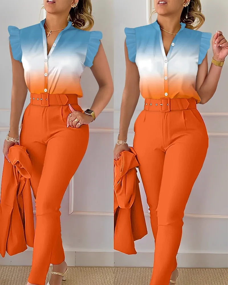 Women's Elegant Slim Two-Piece Sets Summer Fashion Print V Neck Button Flying Sleeve Shirt Top & Solid Long Pants Suits With Belt