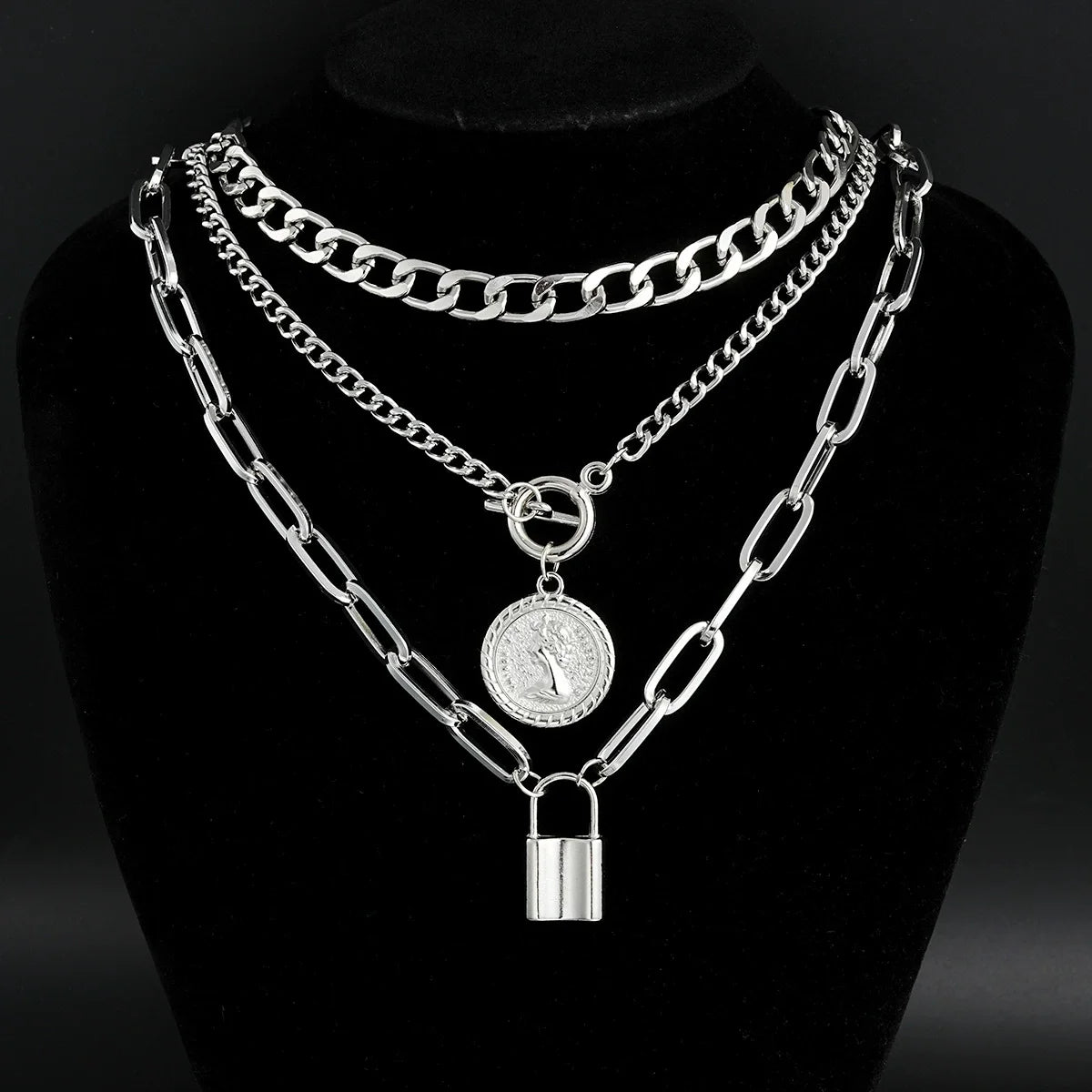 Lot 3 Colliers Superposés | Plaqué Or Vintage | Pendentif Cadenas Rond Embossé | Bijou Femme Fashion