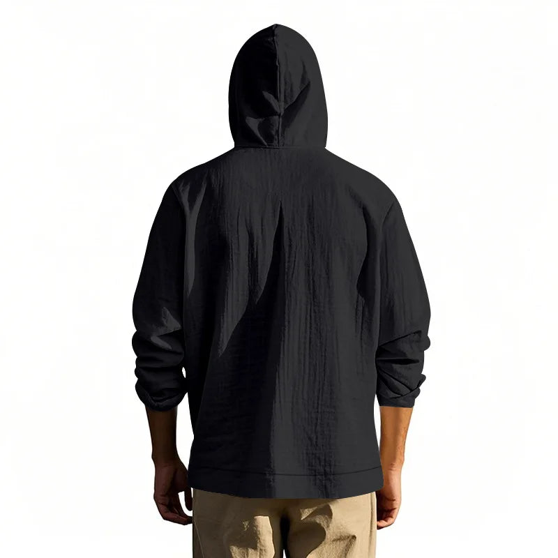 Men's Linen Hoodie Shirt Casual Slim Fit Hooded Long Sleeve Solid Button Down T-shirt Tops New Men Spring Summer Vacation Shirts