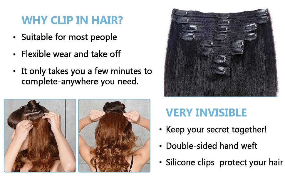 Extensions à Clips Cheveux Humains | Noir Naturel | 18 Clips | 8 Pièces | Volume Complet | Femme