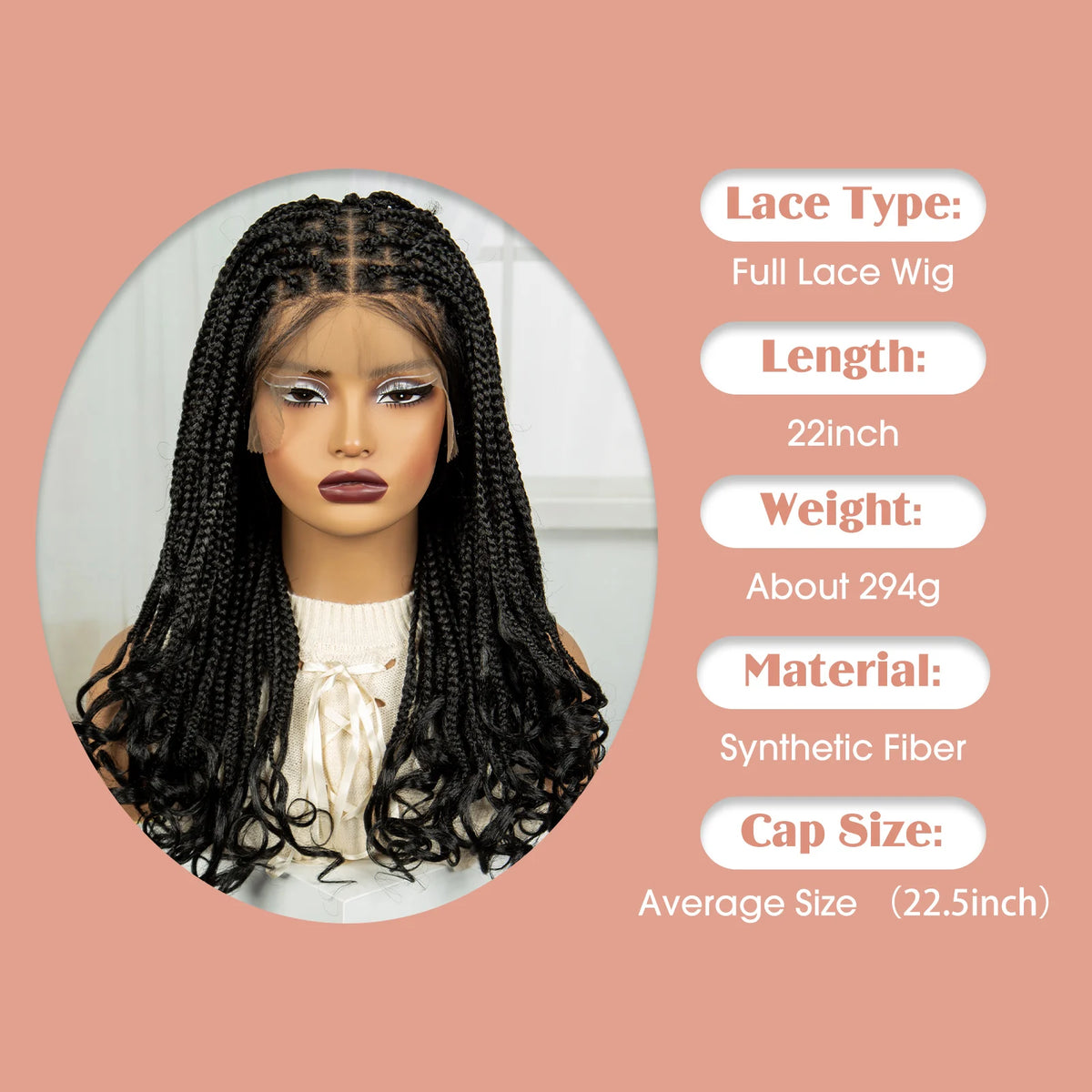Perruque Tressée 360 Full Lace Synthétique | Knotless Box Braids | Baby Hair | Boho Boucles Extrémités | Femme
