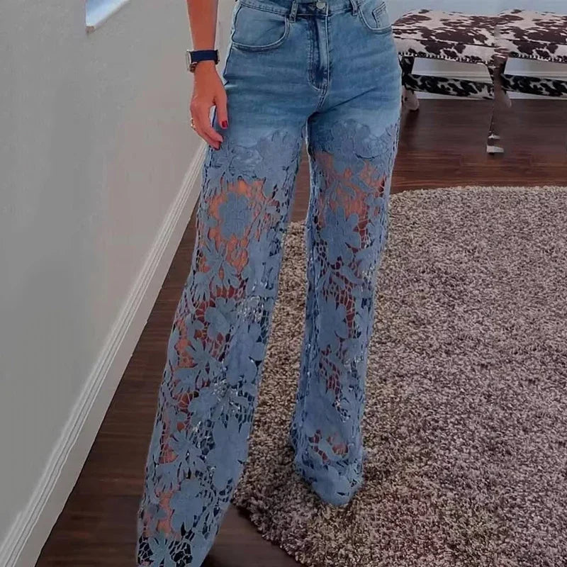 Jean Femme Taille Haute Jambe Large | Dentelle Ajournée Denim | Coton Printemps-Été | Style High Street | XS à XXXL