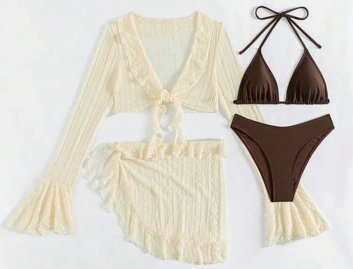 Maillot de Bain Femme 4 Pièces | Bikini Brésilien | Cover-Up Manches Longues | Uni | Plage & Soirée | Été 2026