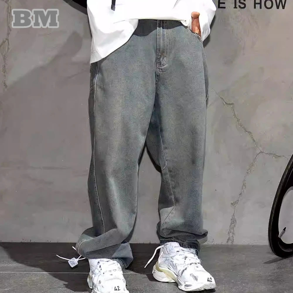 American Streetwear Baggy Jeans For Men's Clothing Vintage Distressed Gray Denim Pants Harajuku Casual Skateboard Pants Male