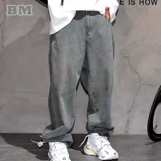 American Streetwear Baggy Jeans For Men's Clothing Vintage Distressed Gray Denim Pants Harajuku Casual Skateboard Pants Male