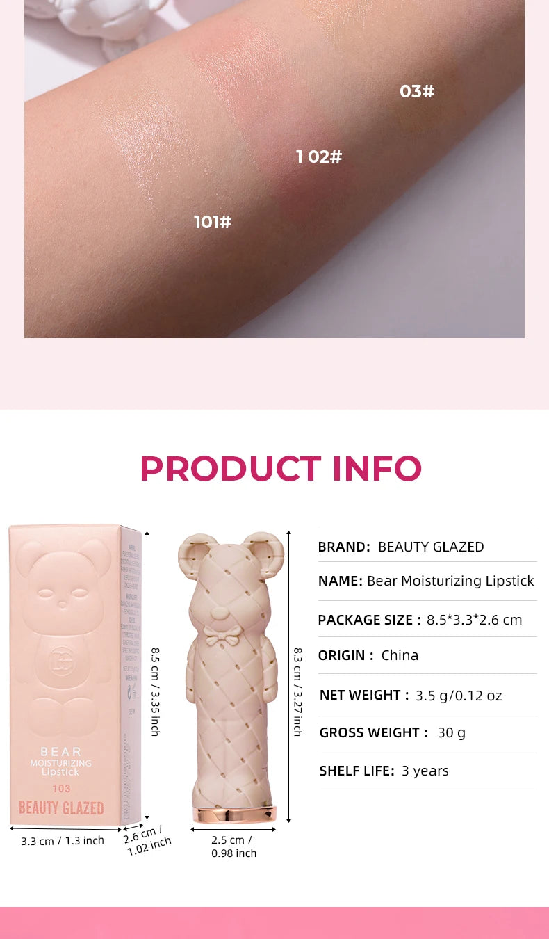 Beauty Glazed Bear Moisturizing Lipstick, Colored Lip Balm, Nourishing Lip Stick, Easy to Color, Watery