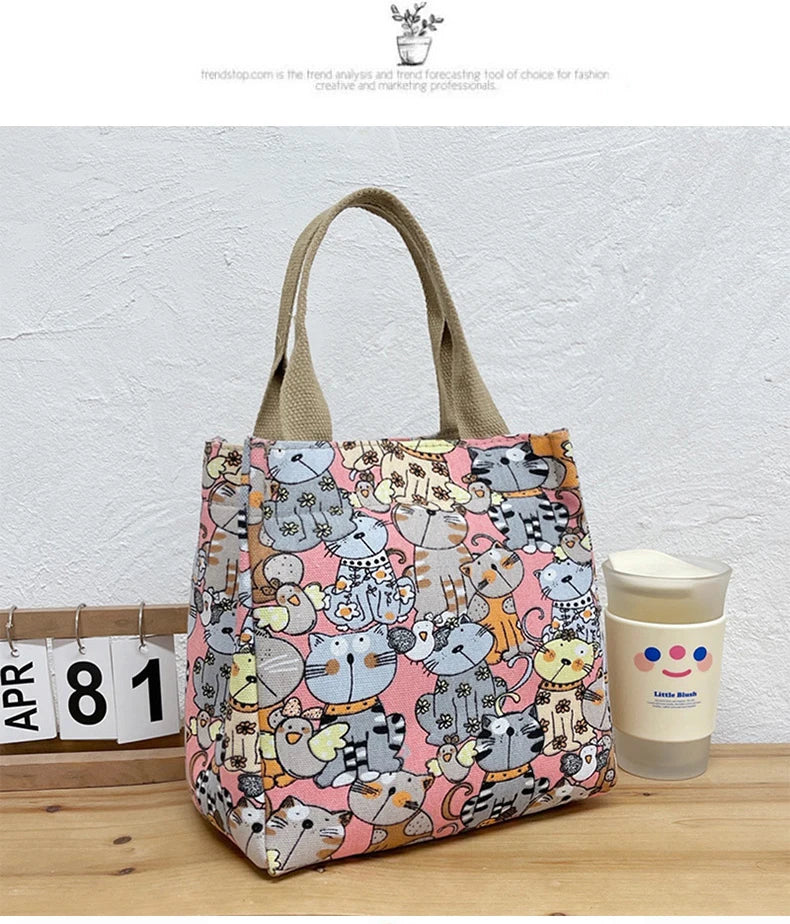 Fashionable Top-Handle Bag with Cute Cat Pattern, Portable Mommy Bag for Women