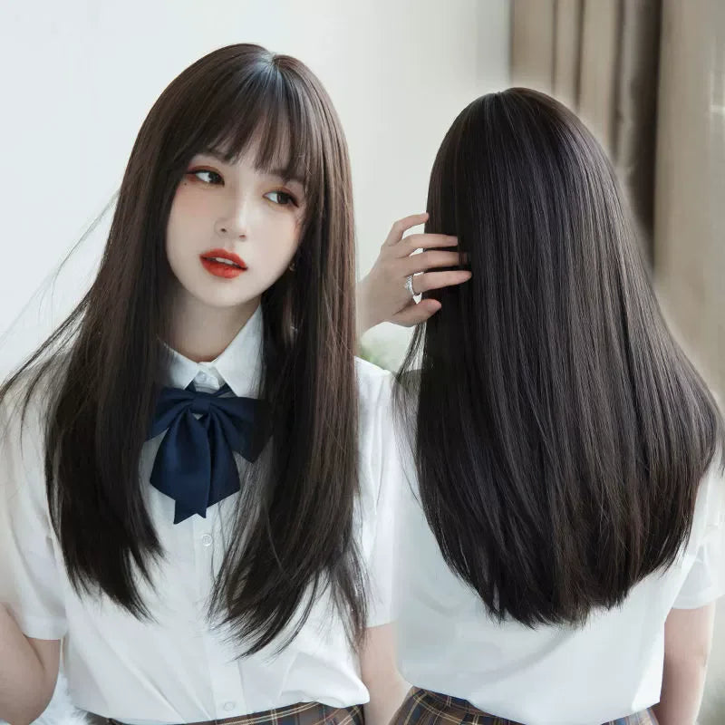Cartoon Character Cosplay Hair Extensions Synthetic Wigs Natural Breathable Head Cover Black Long Straight Wig Hat for Women