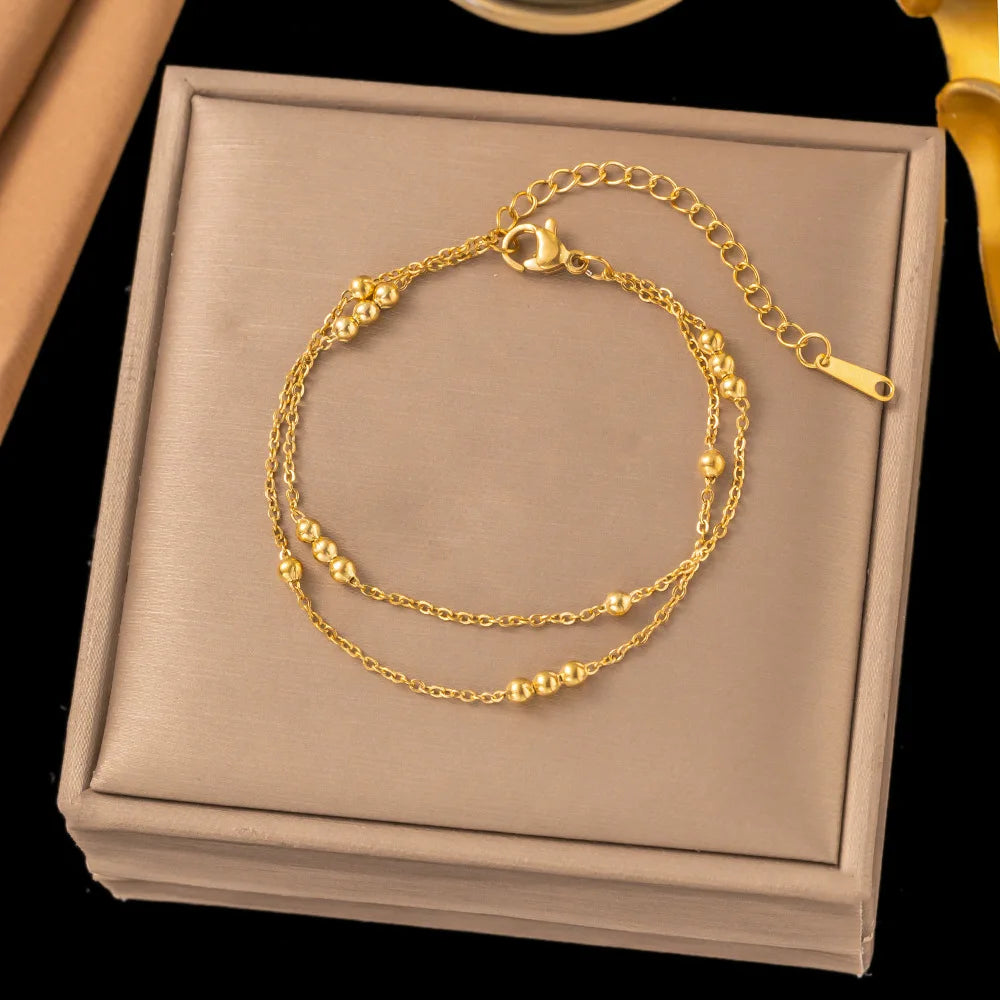 Bracelet Femme Plaqué Or | Double Rang Perles Rondes Rétro | Acier Inoxydable | Cadeau Anniversaire