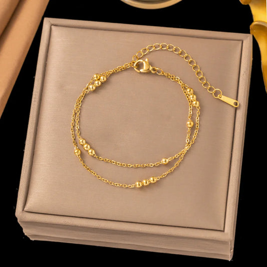 Gold Plated Bracelets Small Round Beads Bracelet, Retro Double Layer Bracelet, Stainless Steel Jewelry for Women Birthday Gift