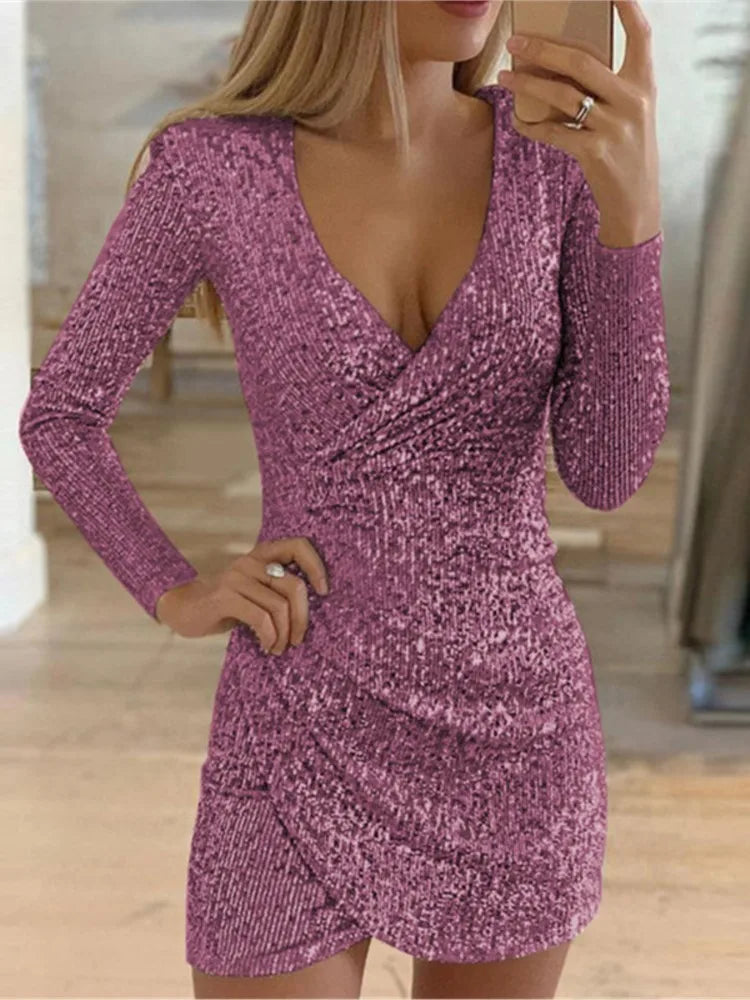 Dresses For Women 2025 Sexy Deep V-Neck Silver Sequin Mini Bodycon Dress Spring Autumn Long Sleeve Party Dress Female
