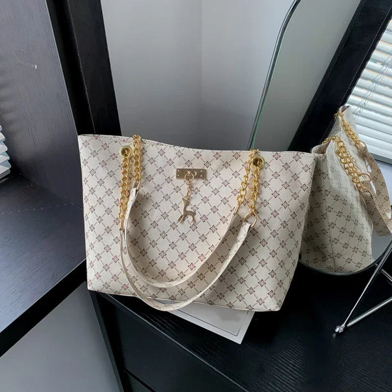 Women's Luxury Design New Presbyopic Handbag Large Capacity Handbag Fashion Printing Shoulder Bag Trendy Shopping Bag with Pendant