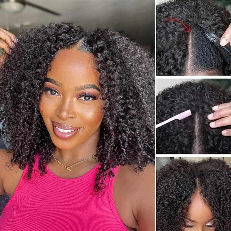 Perruque Kinky Curly Birmane | 300% Densité | 3-en-1 Demi-Perruque | Glueless | Cheveux Humains Brésiliens