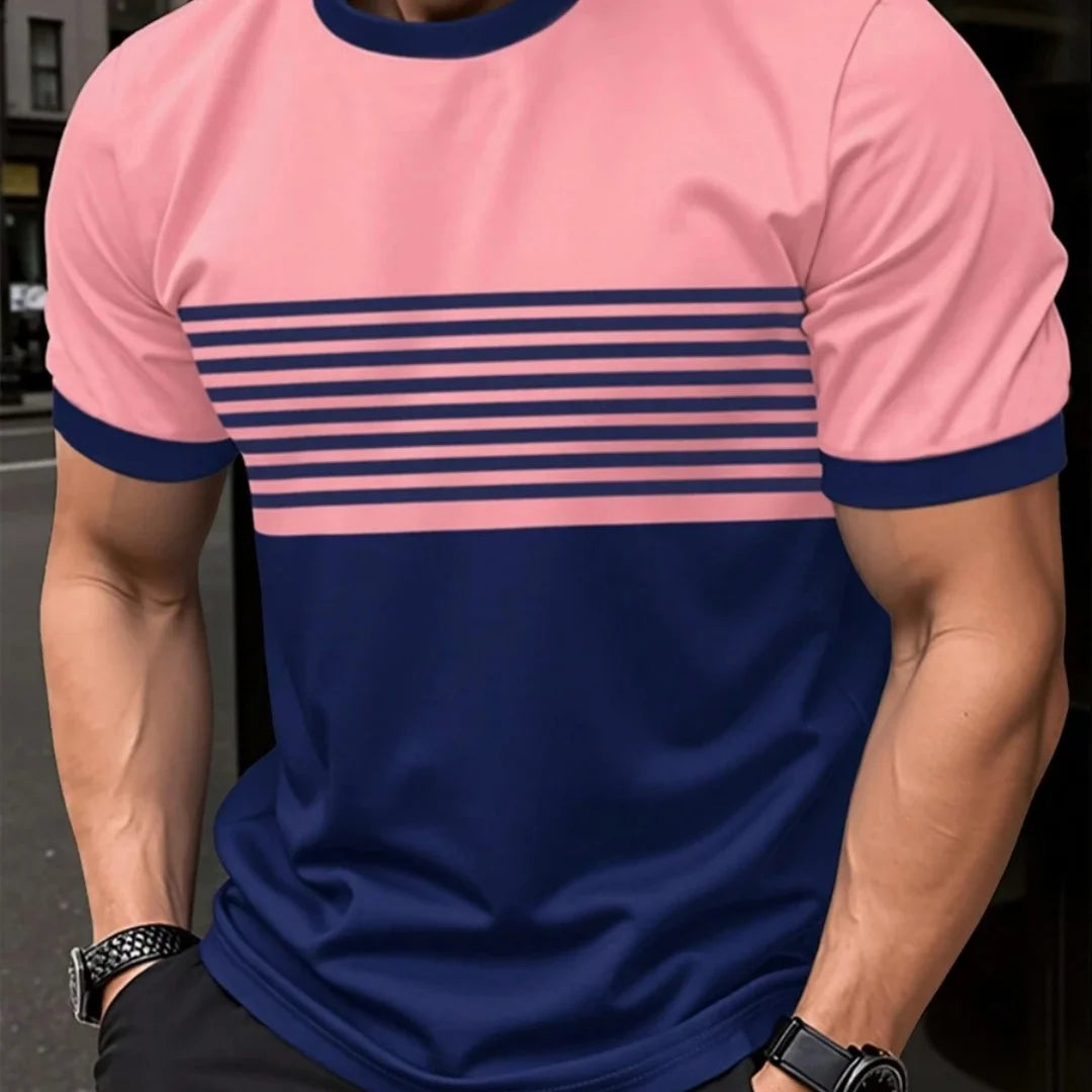 T-Shirt Homme Oversize | Rayures Imprimées | Col Rond | Manches Courtes | Casual Mode Été