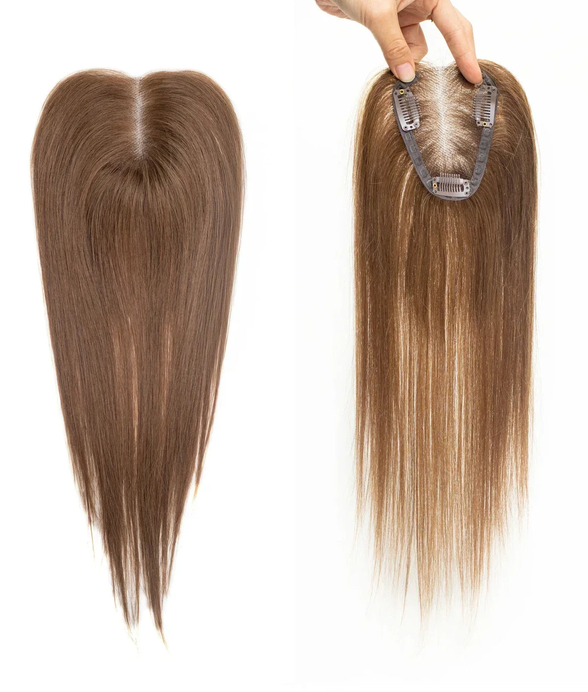 100% Human Hair Toppers Wigs with Bangs Silk Base Clip-in Hair Extension for Women 16-inch Topper Hair