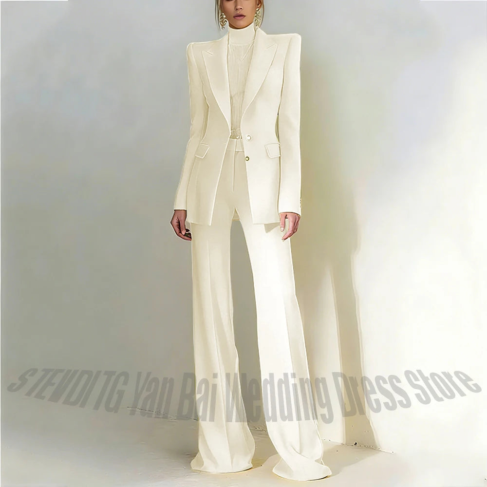 Women's Pant Suit 2 Piece Set Office Female Business Work Formal Jacket Trouser One Button Chic Yellow Peaked Lapel Elegant Suit