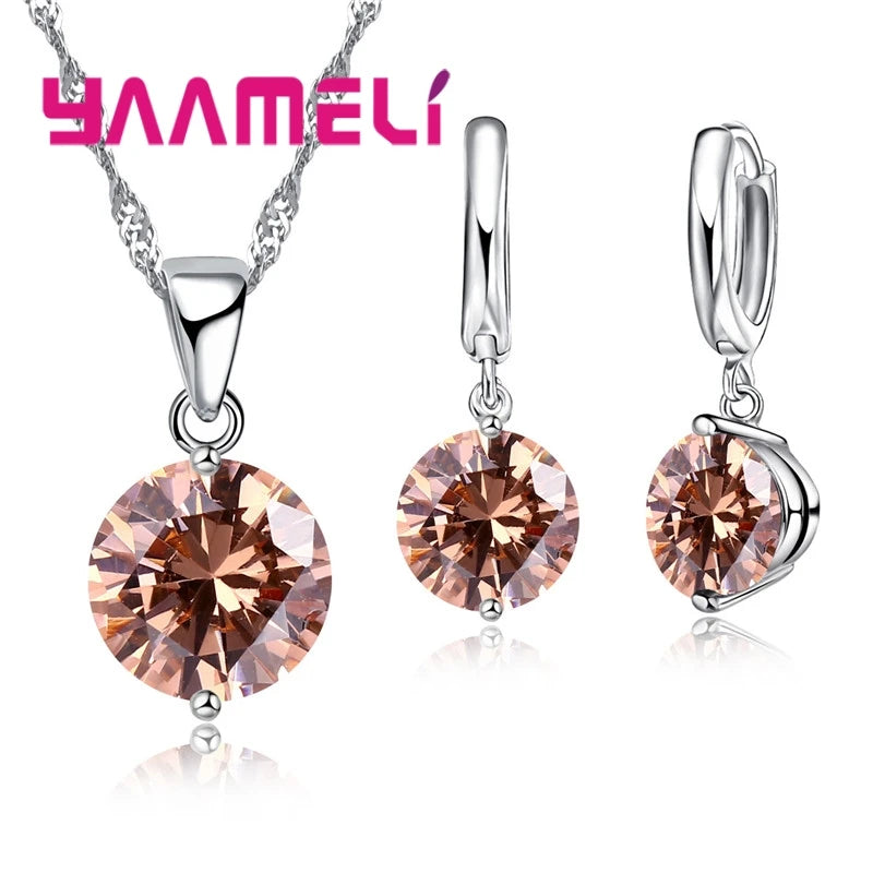 Parure Collier Pendentif & Huggies Argent 925 | CZ Autrichien Cristal | Mariage & Fiçailles | Femme Fille Cadeau