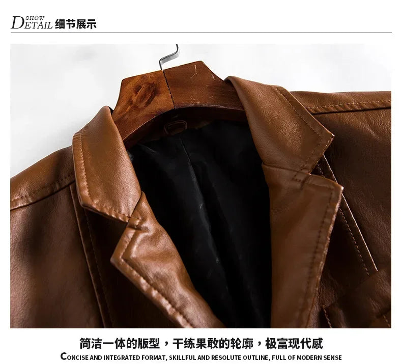New Leather Jacket Men's Business Casual Lapel PU Leather Blazers Fashion Solid Slim Korean Style Leather Coat Big Size 6XL