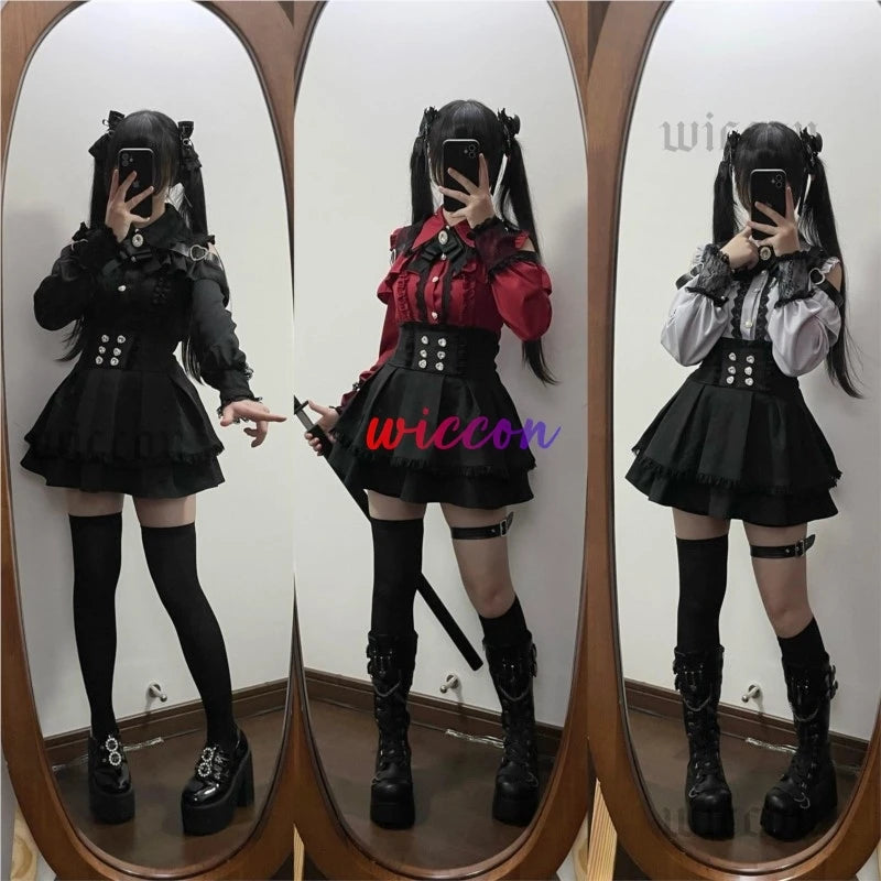 Jirai Kei Outfit Lolita Girls Shirt Skirt Set Women Kawaii Bow Long Sleeve Y2K Casual Aesthetic Shirt Japanese Style Women