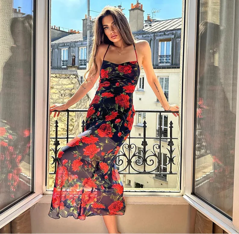 Party Dresses For Women Sexy Bodycon Floral Print Sleeveless Evening Dress Package Hip Contrast Vestidos Temperament Trendy Slim
