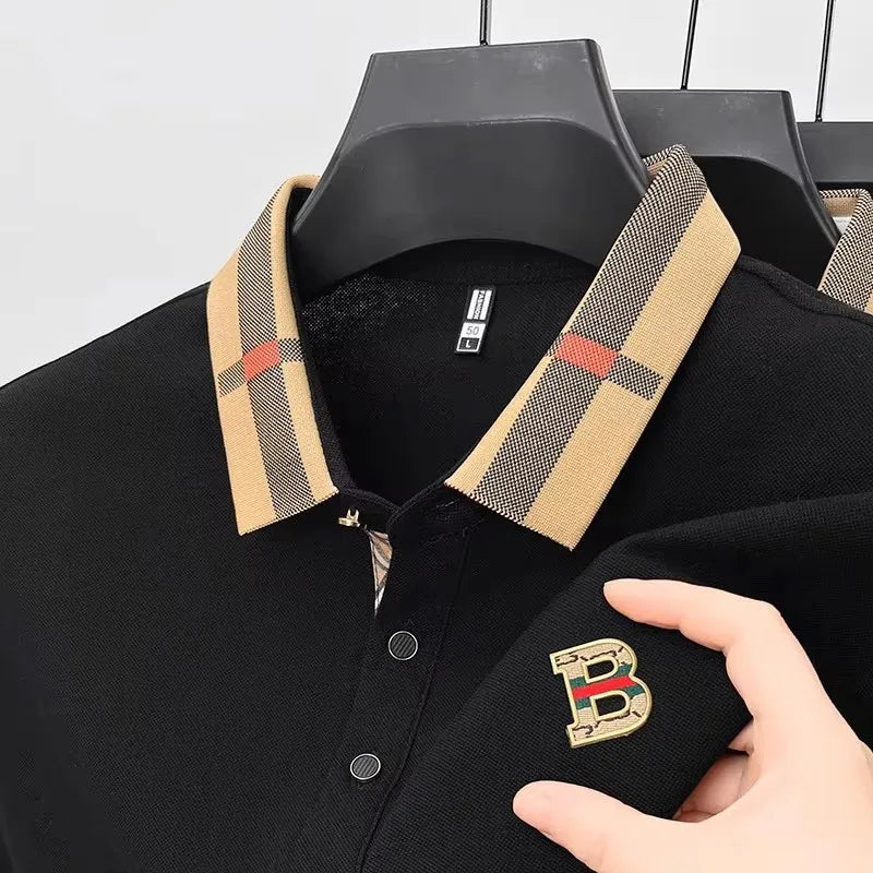 Luxury brand logo short-sleeved polo shirt for men's summer new high-end silk-cotton breathable casual fashion T-shirt clothing