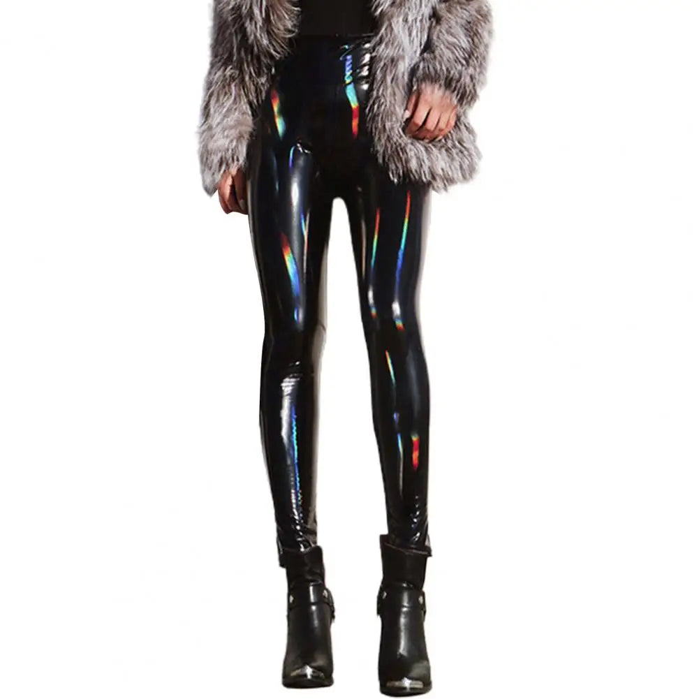Pantalon Crayon Faux Cuir Femme | Taille Haute Miroir Brillant | Slim Soirée Nightclub | Sexy