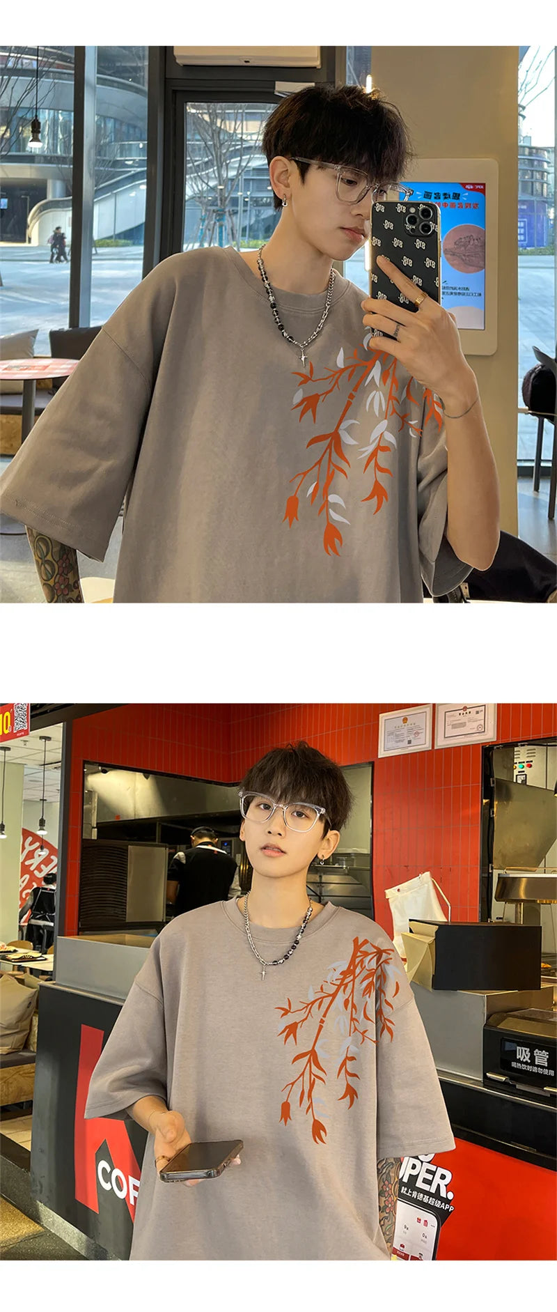 T-Shirt Homme Oversize Coton | Blanc | Imprimé Bambou | Jusqu'au 5XL | Casual Été Mode
