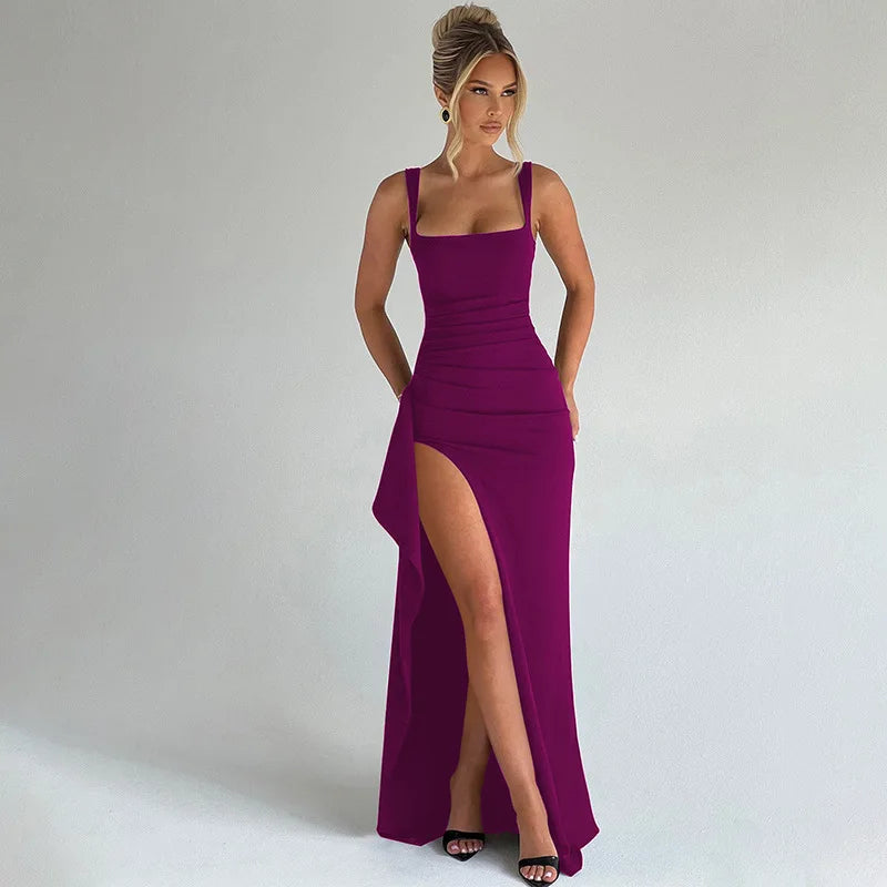 Robe Midi Bodycon Soirée Femme | Bretelles Spaghetti | Col Carré Fente | Sexy Formelle Prom | Longue Gala