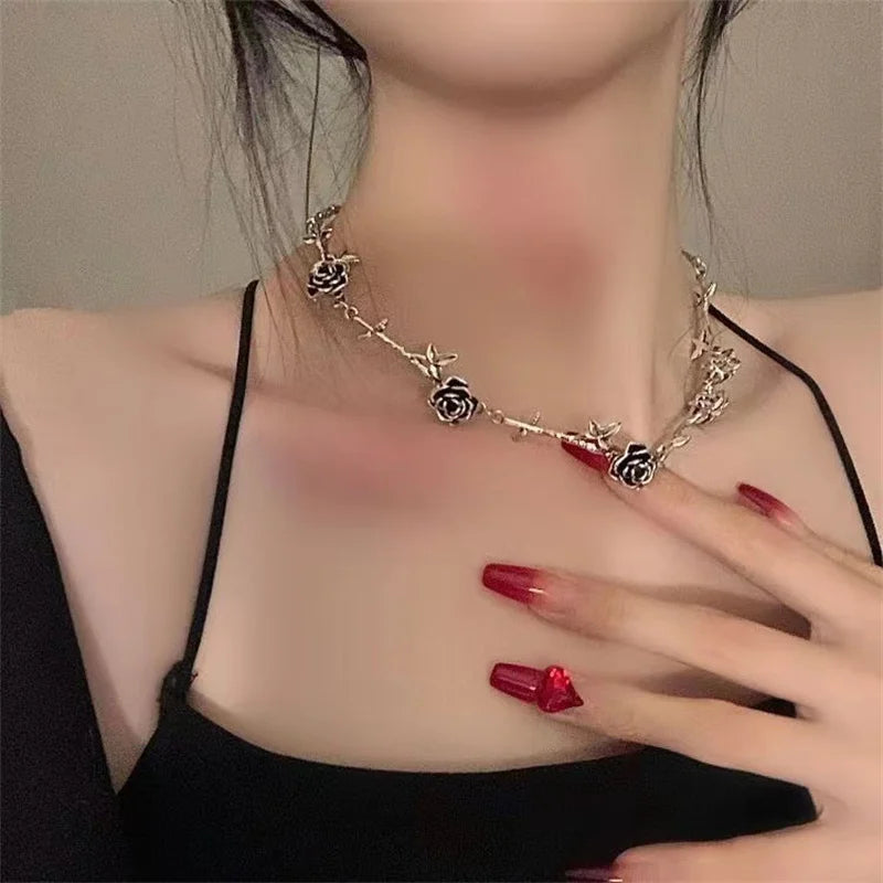 Double Layer Red Crystal Rose Pendant Necklace Layered Necklaces Thorn Rose Clavicle Chain Choker Earrings Goth Jewelry Set Gift