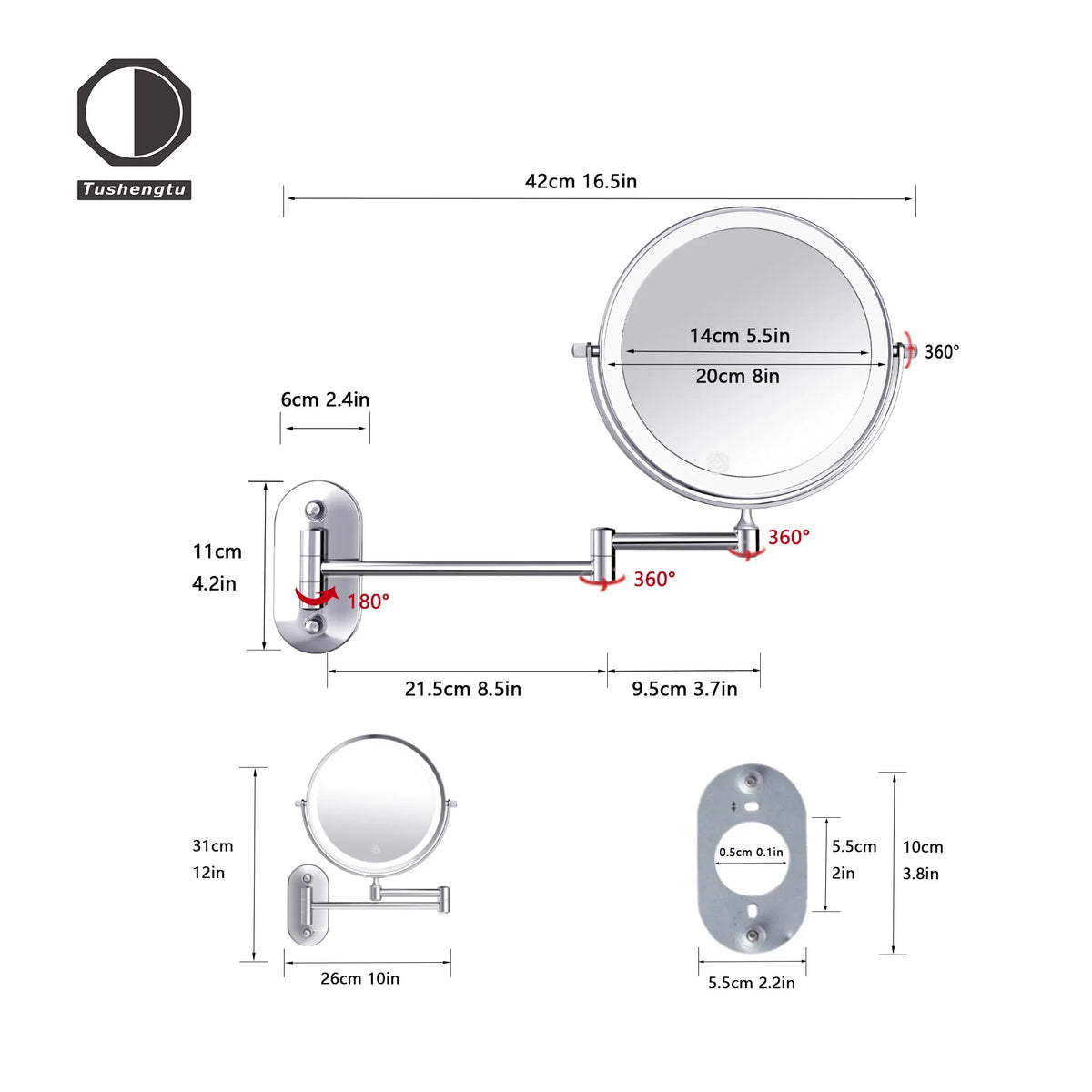 8" Wall Mounted Makeup Mirror With Lights, 10x Magnifying Mirror Wall Mount for Vanity, Bathroom and Shaving