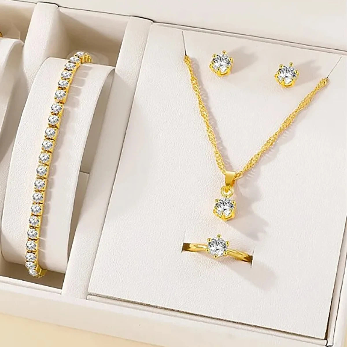 5Pcs Elegant Crystal Jewelry Set Zirconia Ring Necklace Bracelet Earrings Simple Set Jewelry Fashion Versatile Trendy Jewelry