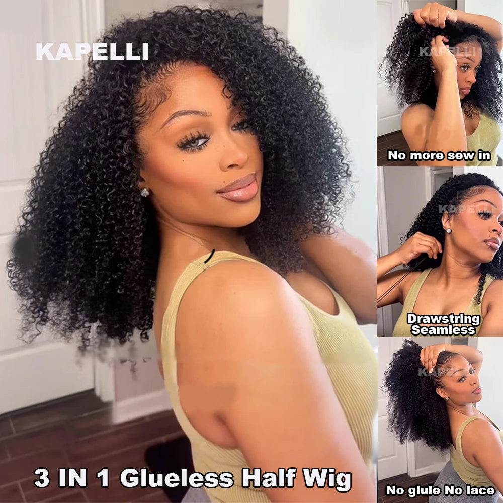 Demi-Perruque Cheveux Humains 180% | Kinky Curly | Invisible Hairline | Cordon Coulissant | 3 en 1