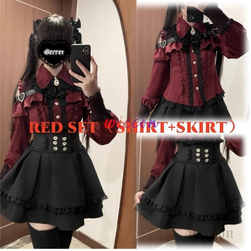 Jirai Kei Outfit Lolita Girls Shirt Skirt Set Women Kawaii Bow Long Sleeve Y2K Casual Aesthetic Shirt Japanese Style Women