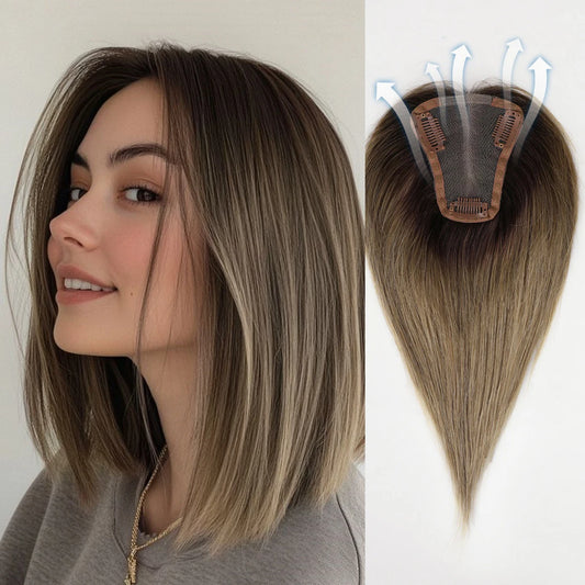 100% Remy Hair Topper Brown Ombre 12 Inch Middle Part Lace Base Hair Extensions for Women Clip in Pieces for Thinning Hair
