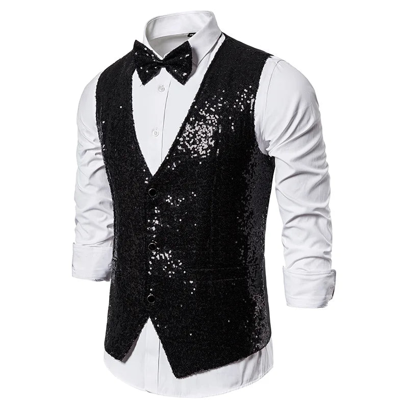 Luxury Vest for Men V-neck Slim Sparkling Tailcoat Solid Plain Waistcoat Bowtie Set Wedding Party Formal Sleeveless Jacket