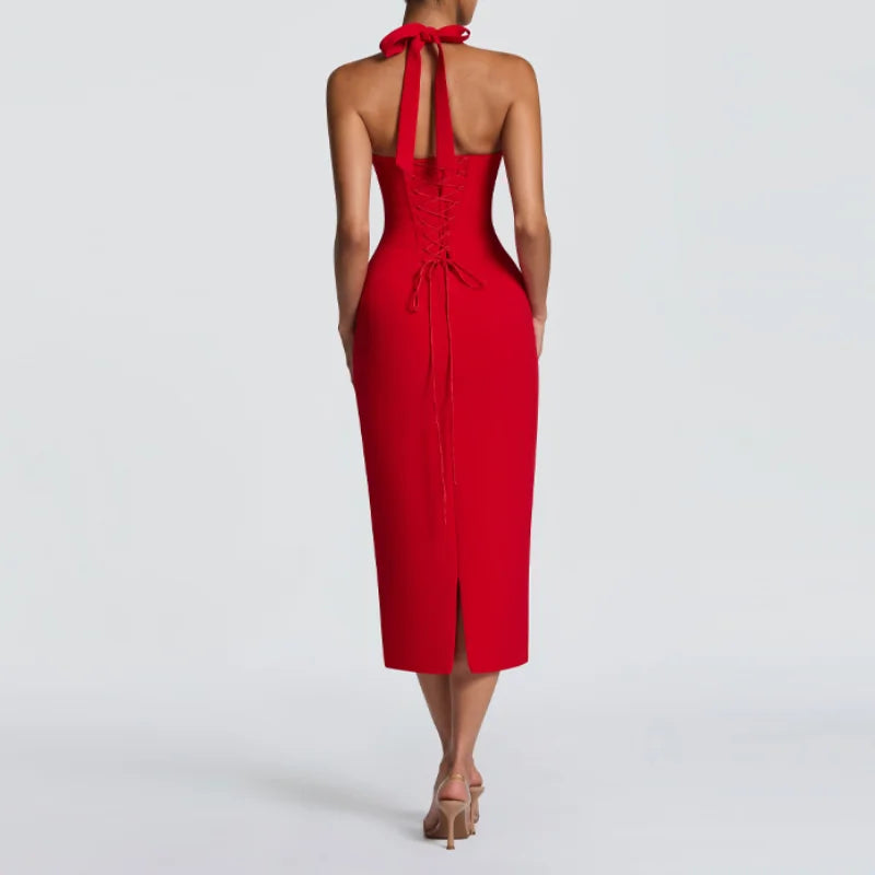 Robe Bodycon Midi Sexy | Col Halter Lacets Ajustables | Soirée & Club | Été 2026 | Femme