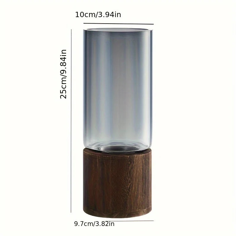 Vase Verre Élégant Base Bois | Plante Hydroponique | Arrangement Floral | Décor Bureau & Maison