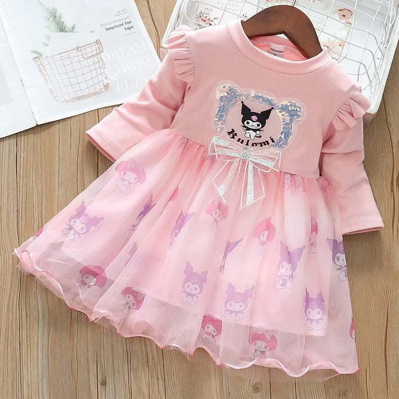 Fashion Girls Dress Spring Autumn Mesh Cartoon Kuromi Long Sleeve Princess Dresses for 2-6 Years Kids Birthday Party Costume