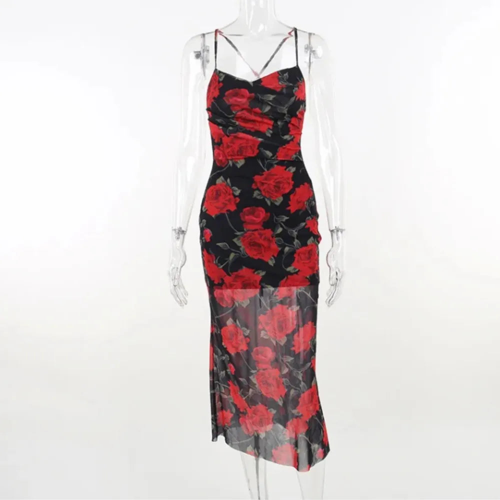 Party Dresses For Women Sexy Bodycon Floral Print Sleeveless Evening Dress Package Hip Contrast Vestidos Temperament Trendy Slim