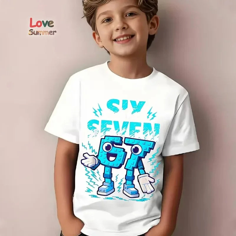Boys' T-Shirt 6-7 Years T-Shirt 67 Number Print Casual Italian Brainrot Summer Top Suitable for Funny Gift for Casual Attire